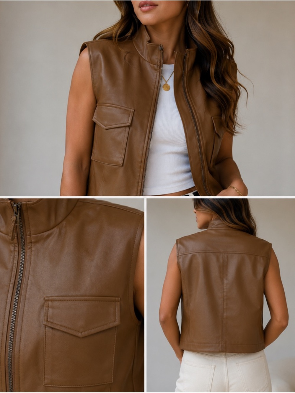 Sleeveless Faux Leather Vest Jacket - Brown